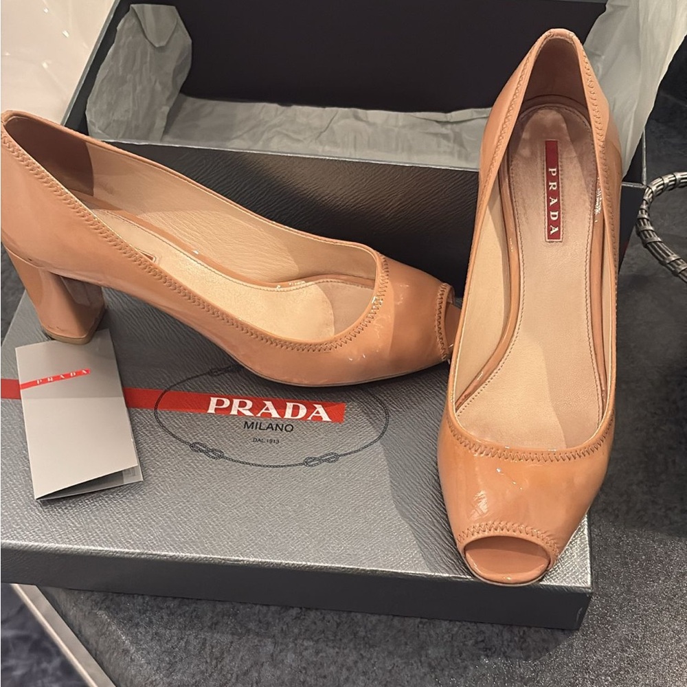 Authentic Prada Women's Tan Peep-Toe Heels